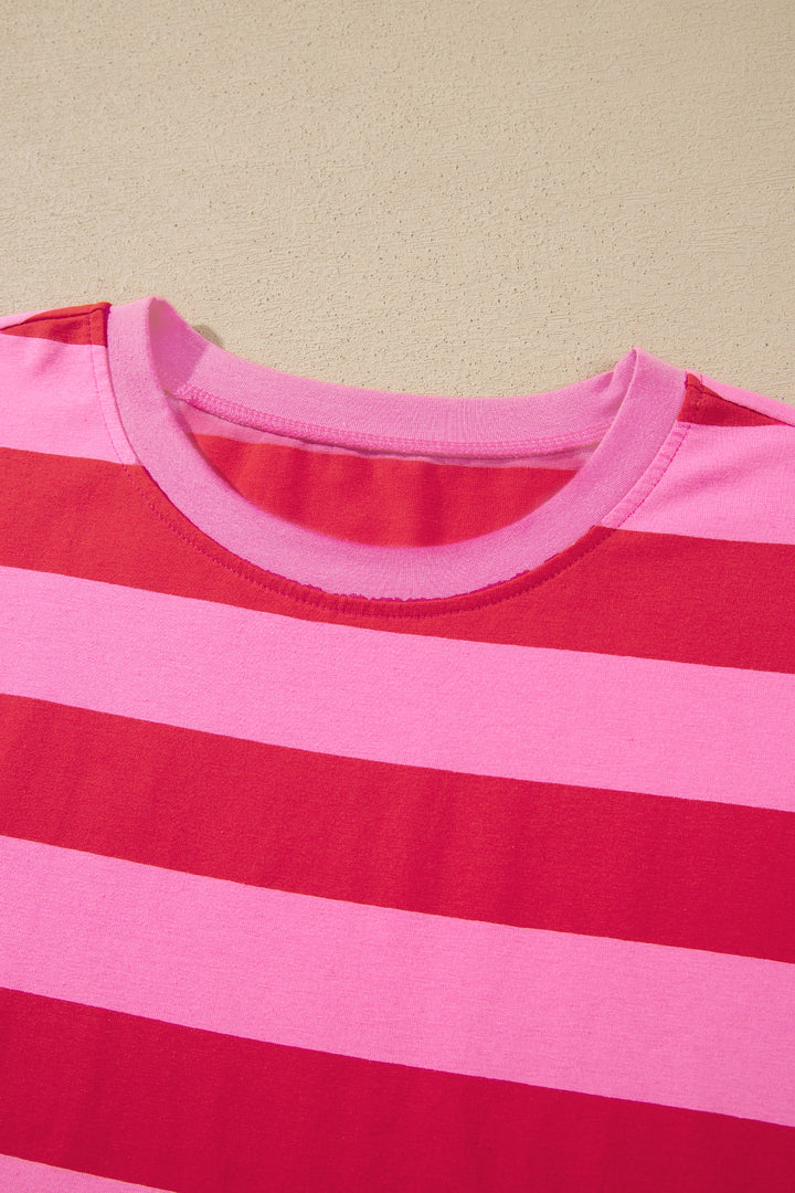 Rose Stripe Cuffed Short Sleeve Pocketed Casual T Shirt Long Dress