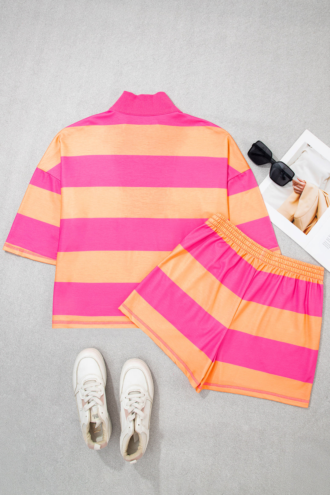 Yellow Stripe Seam Detail Half Zip Tee Casual Shorts 2pcs Set