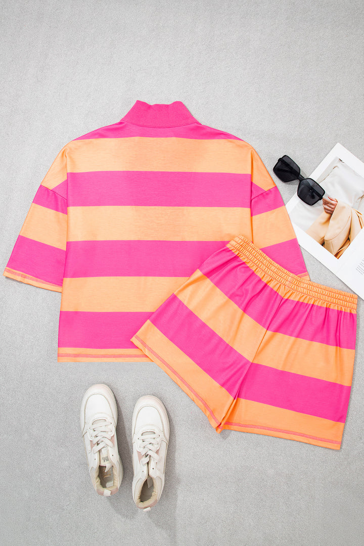 Yellow Stripe Seam Detail Half Zip Tee Casual Shorts 2pcs Set