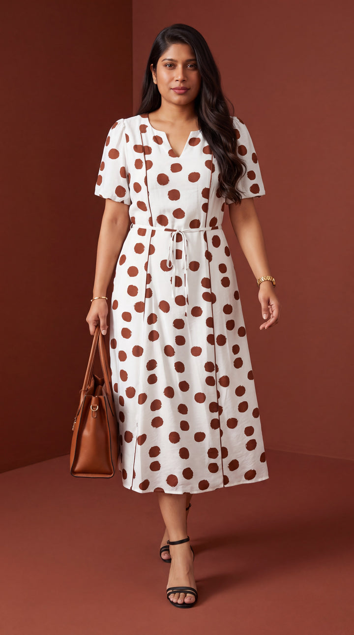 White Polka Dot Printed V Neck Short Sleeve Tie Waist Midi Dress