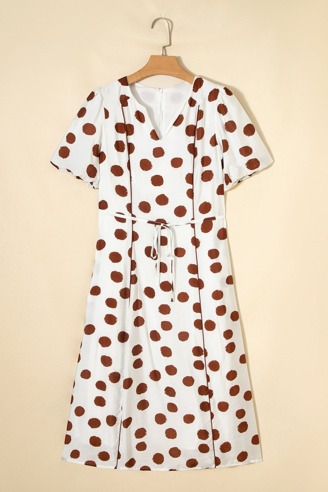White Polka Dot Printed V Neck Short Sleeve Tie Waist Midi Dress