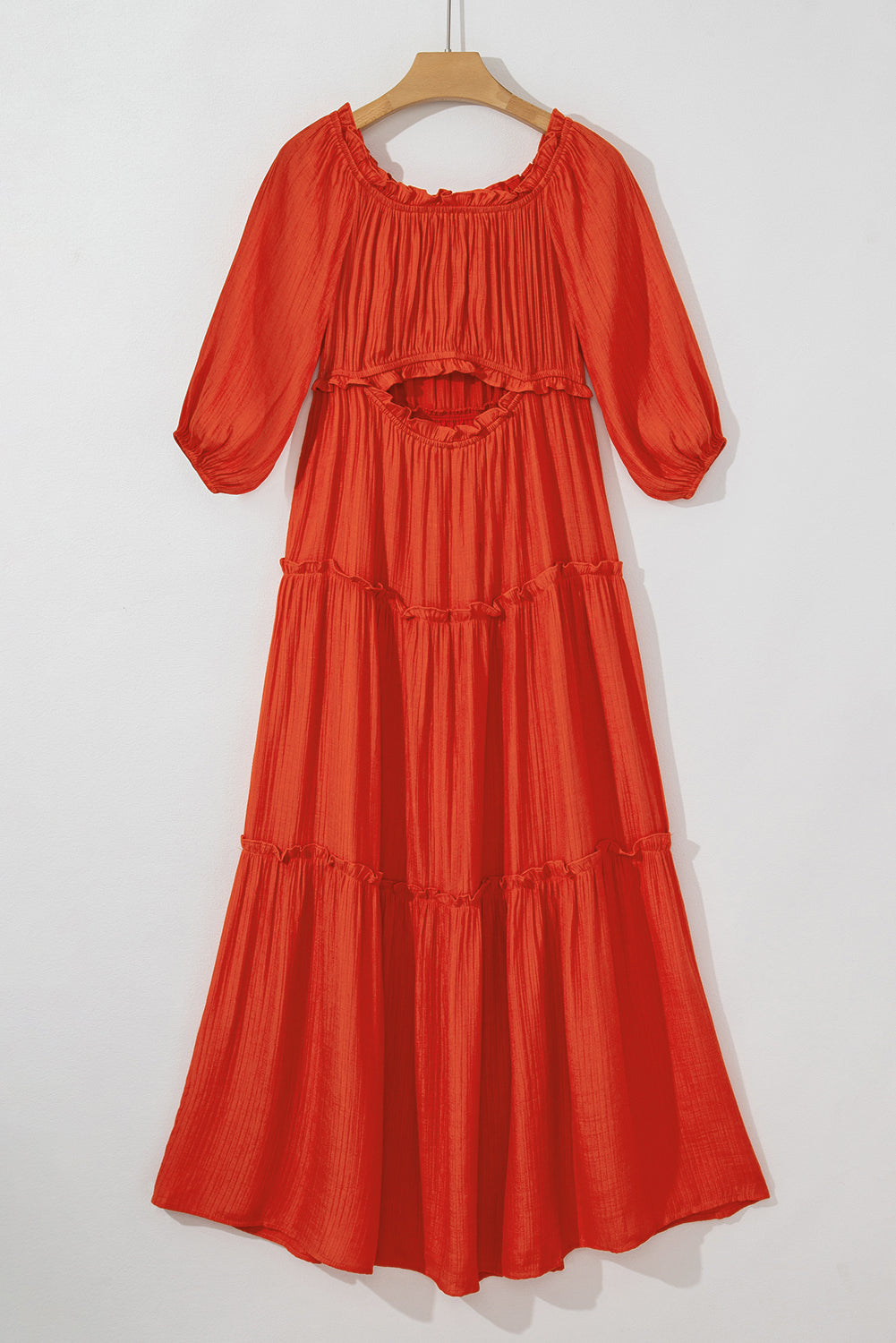 Orange Off Shoulder Balloon Sleeve Cutout Ruffled Maxi Dress  | Women