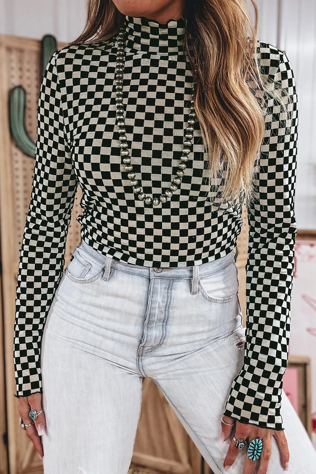 Black Plaid Stand Neck Long Sleeve Mesh Top