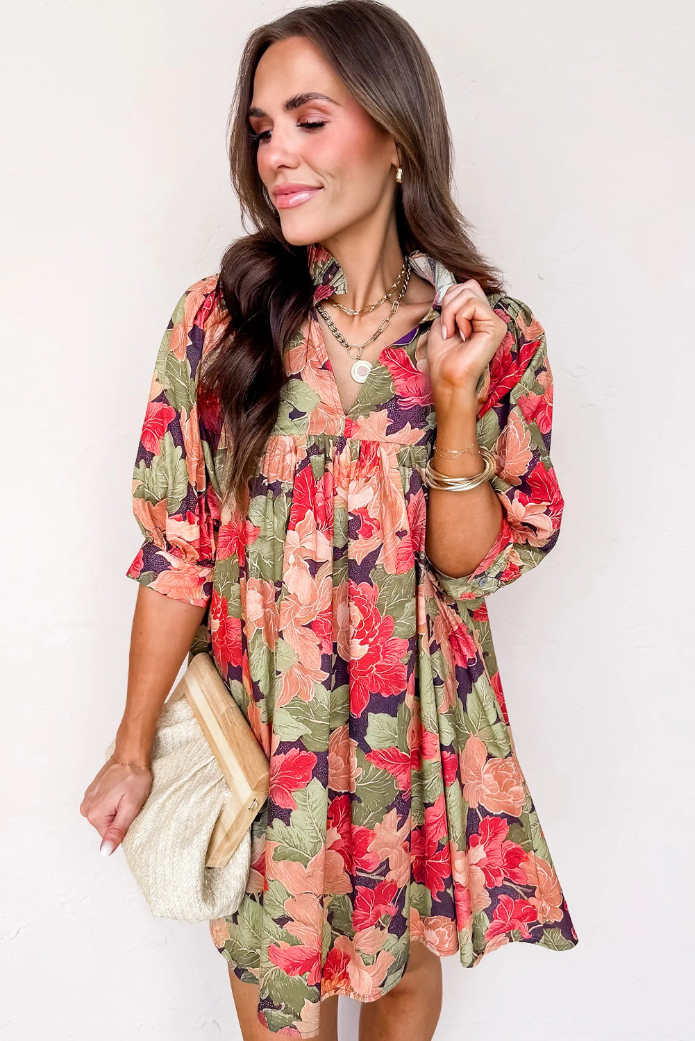 Green Floral Print Frilled Collar V Neck Half Sleeve Mini Dress