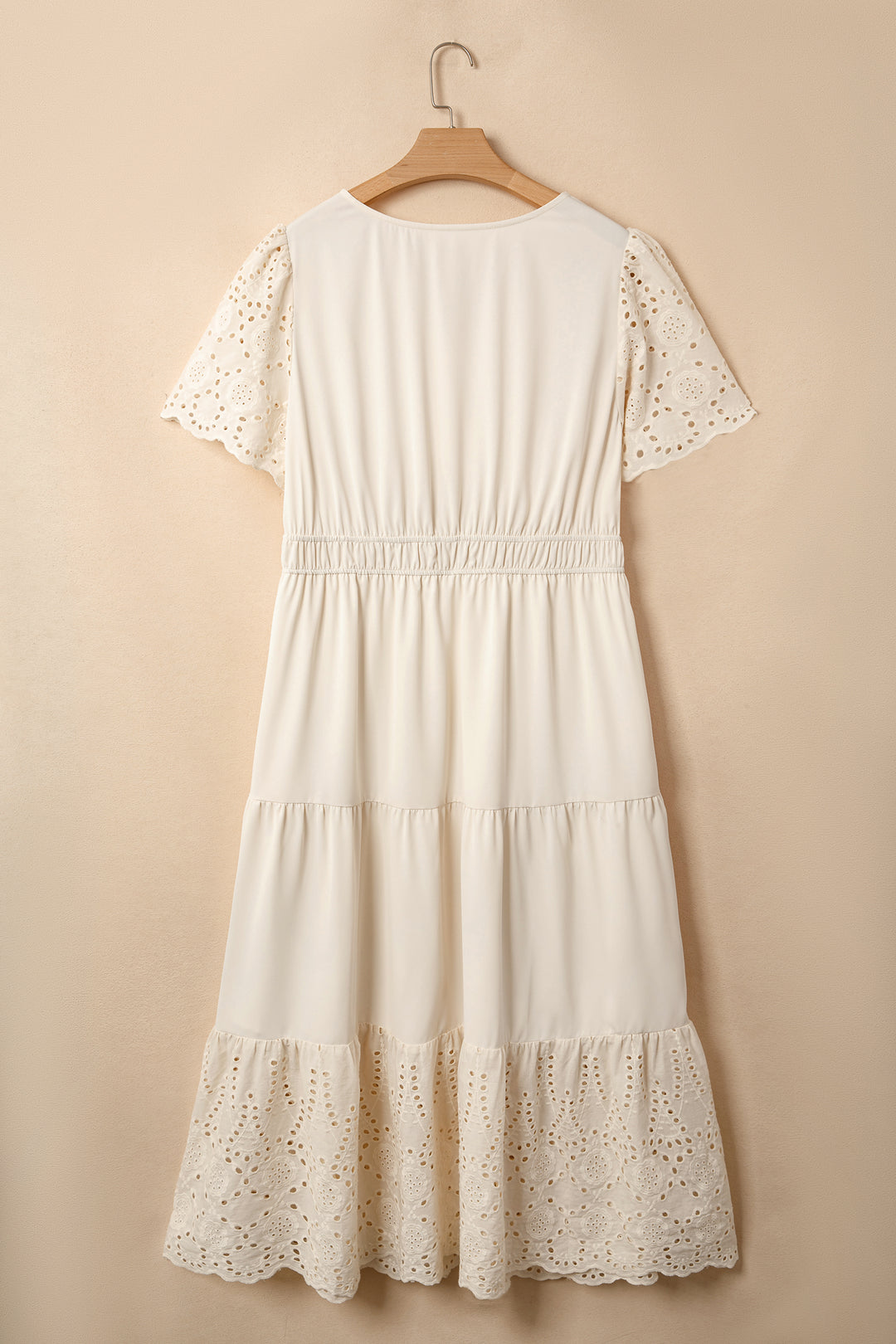 Apricot Plus Size V Neck Lacy Embroidery Patchwork Short Sleeve Maxi Dress