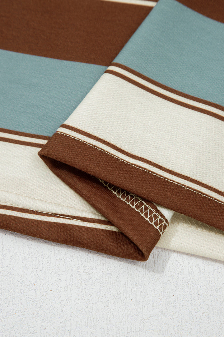 White Stripe Button Polo Collar Tee Drawstring Elastic Waist Patchwork 2pcs Short Set