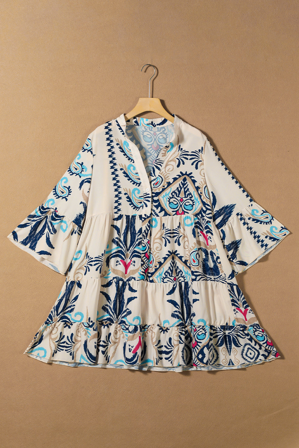 White Printed Tribal Braselet Sleeve Buttoned Mini Dress | Women