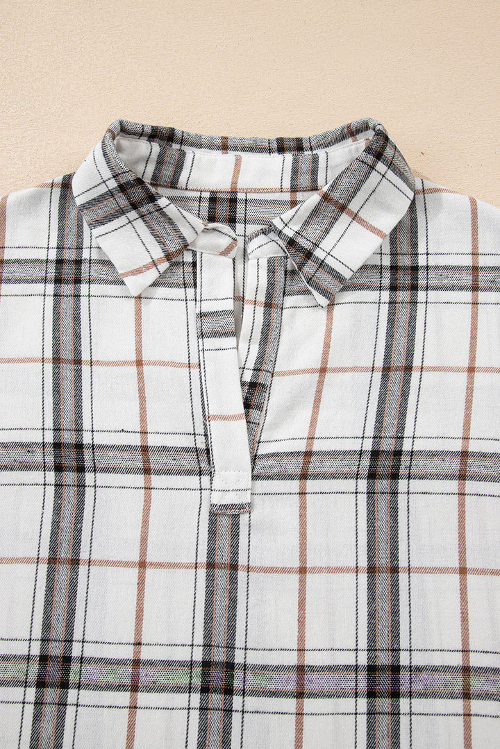 White Plaid Print Collared V Neck Loose Blouse with Side Slits