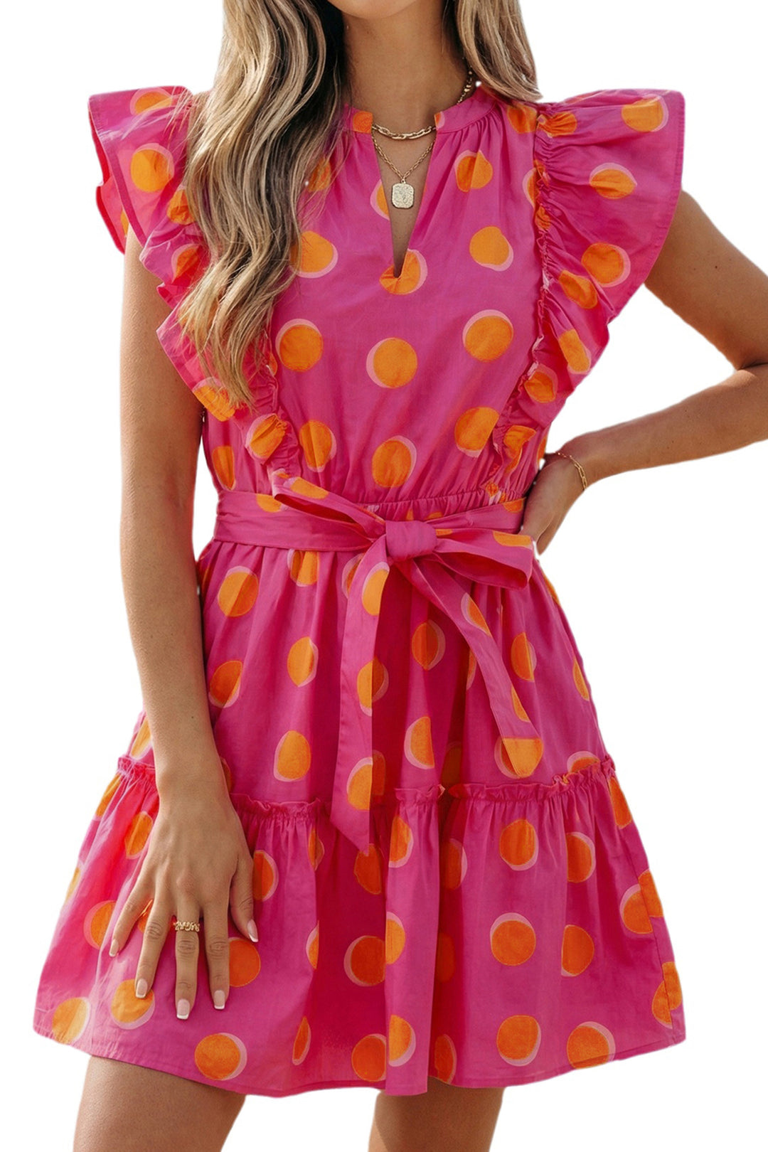 Rose Double Polka Dot V Neck Ruffled Short Sleeve Dress