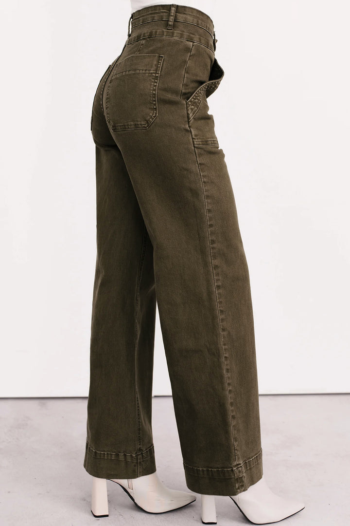 Jungle Green Double Waistband Loose Straight Jeans