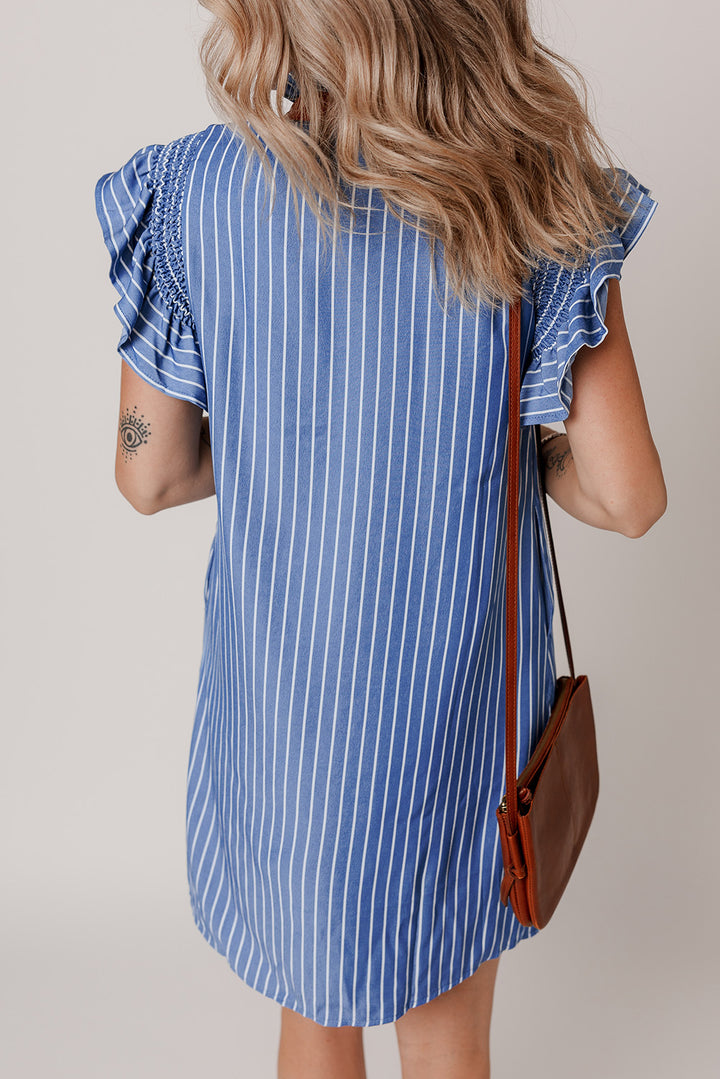 Sky Blue Stripe Frilly Split Neck Shirred Ruffle Sleeve Short Shift Dress