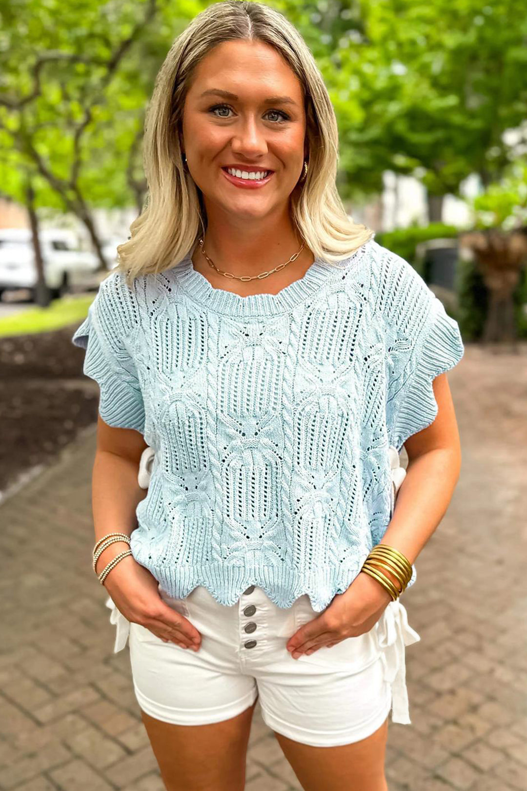 Bonbon Pointelle Knit Patterned Scalloped Trim Short Sleeve Sweater