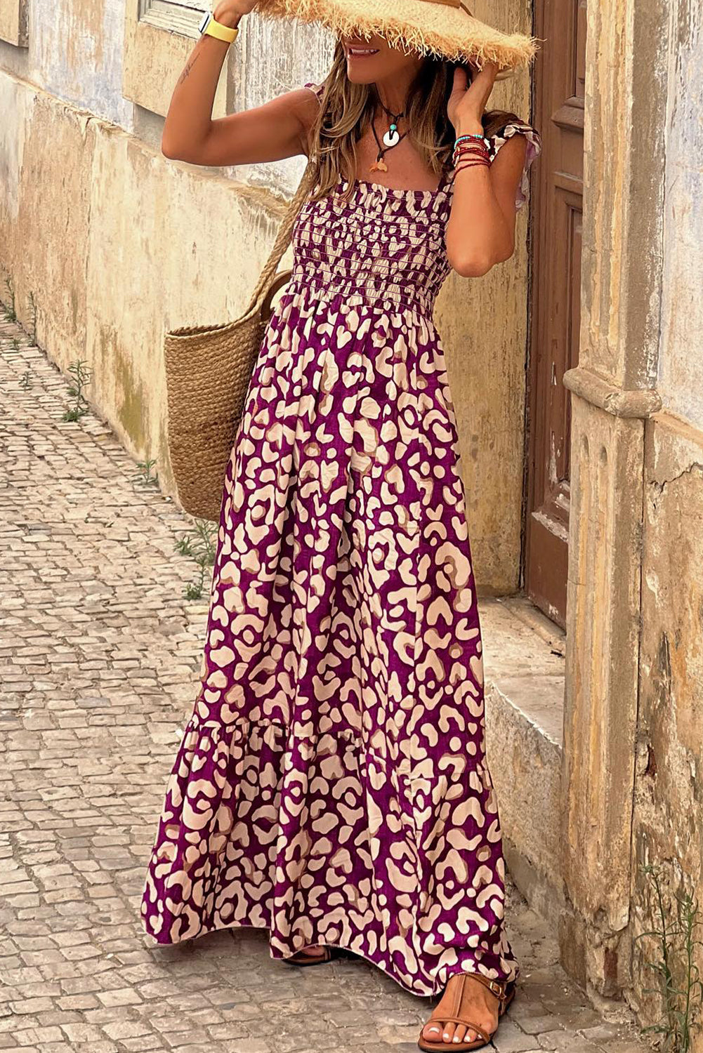 Rose Leopard Ruffle Straps Smocked High Waist Long Dress | Women