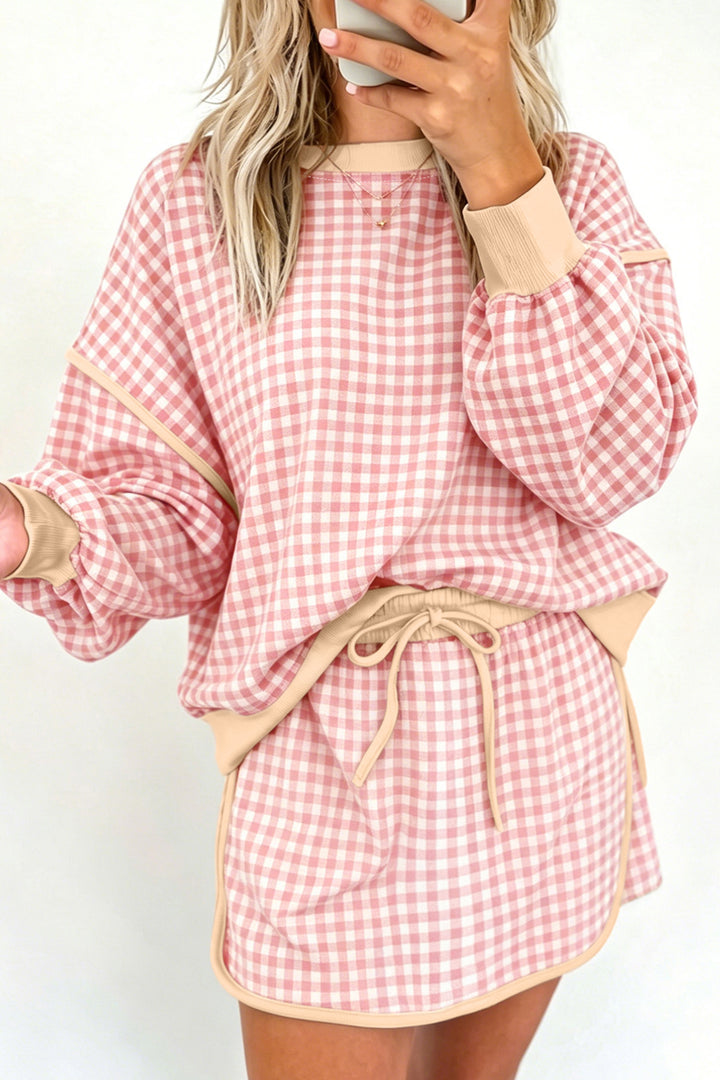 Brown Gingham Oversized Ribbed Trim Crew Neck Long Sleeve Top and Skort Set