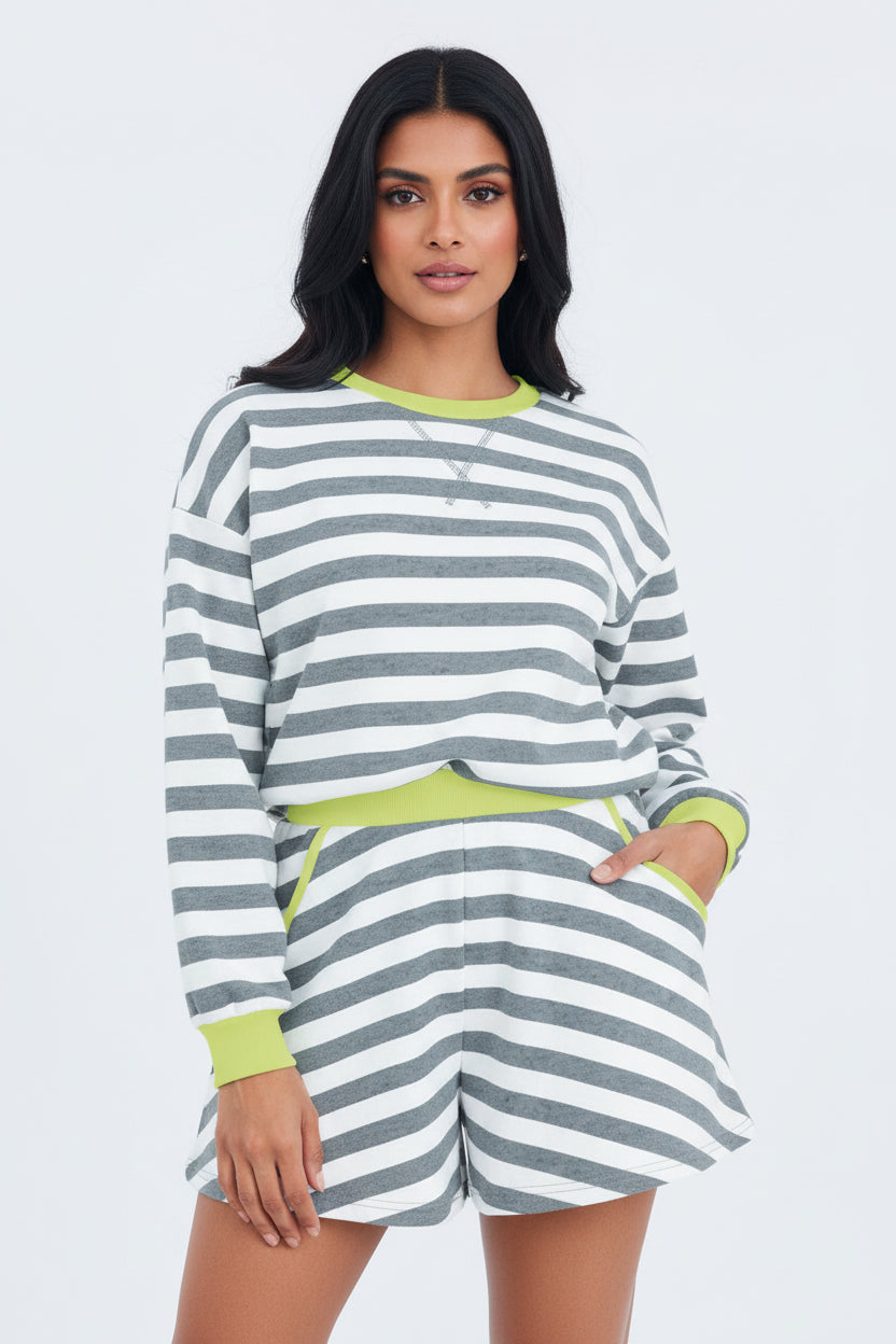 Black Stripe Contrast Ribbed Banding Long Sleeve Blouse Loose Shorts Set
