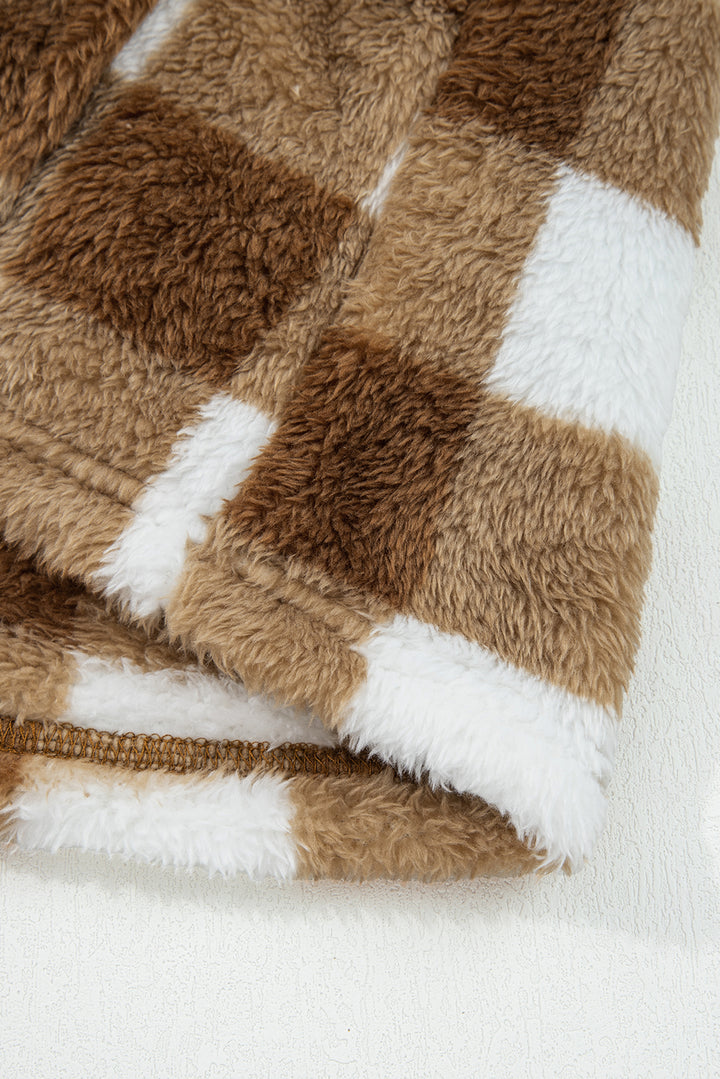 Brown Checkered Sherpa Loose Knit Cardigan with Pockets