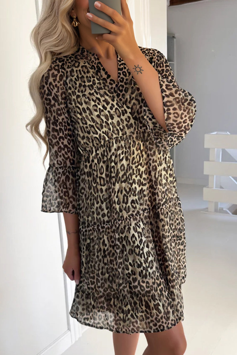 Khaki Leopard 3/4 Sleeve V Neck Swing Dress