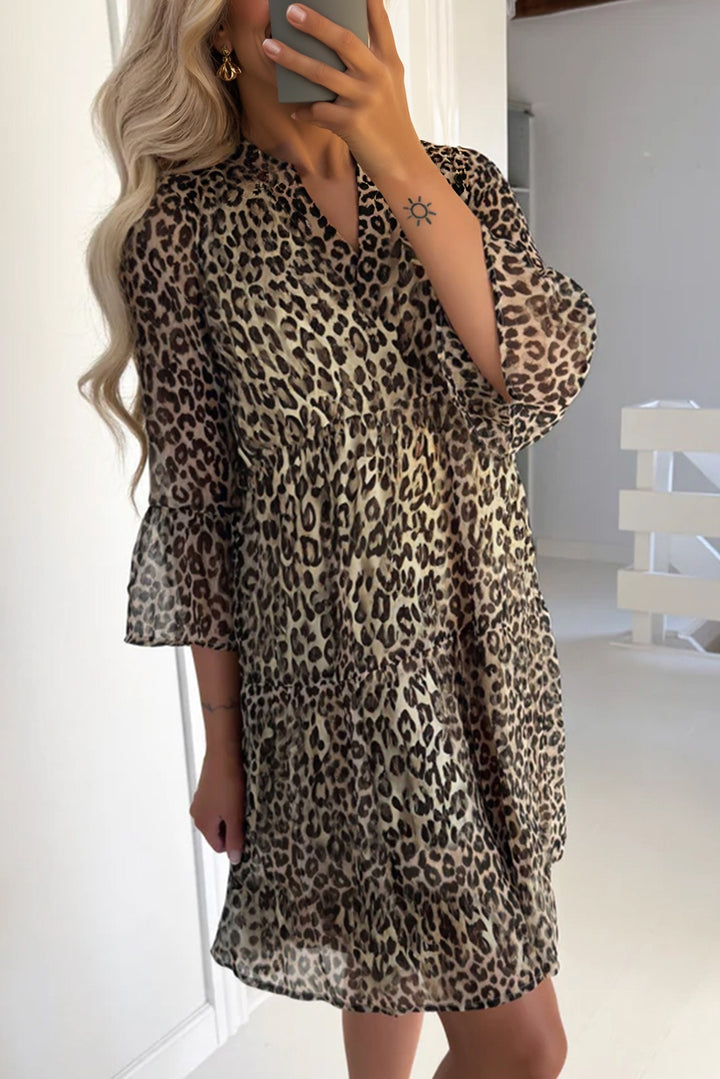 Khaki Leopard 3/4 Sleeve V Neck Swing Dress