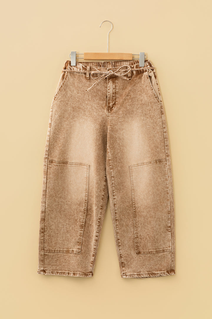 Smoke Gray Acid Wash Tie Waist Denim Pants