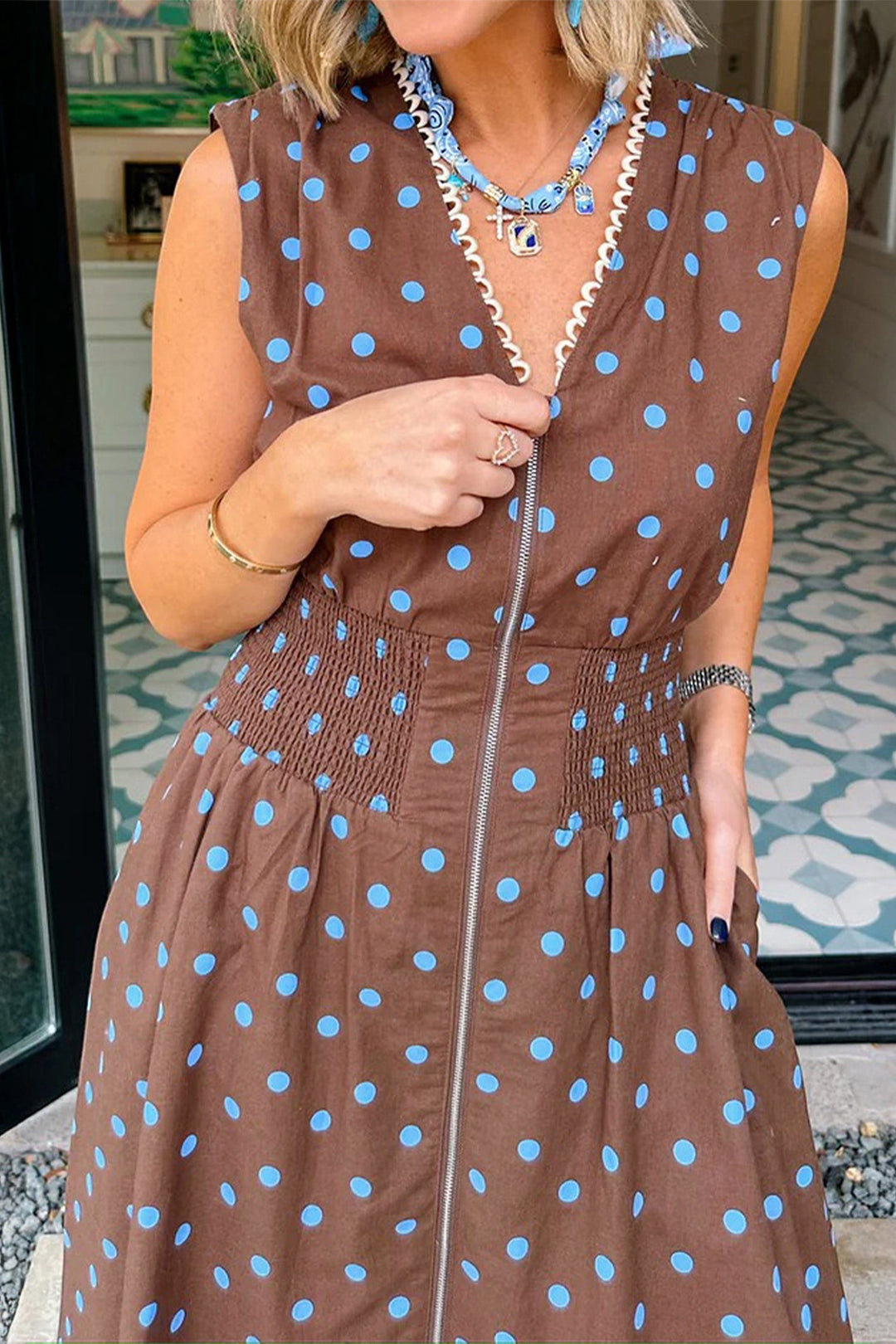 Brown Polka Dot Print Contrast Trim V Neck Zip Up Cotton Sleeveless Dress