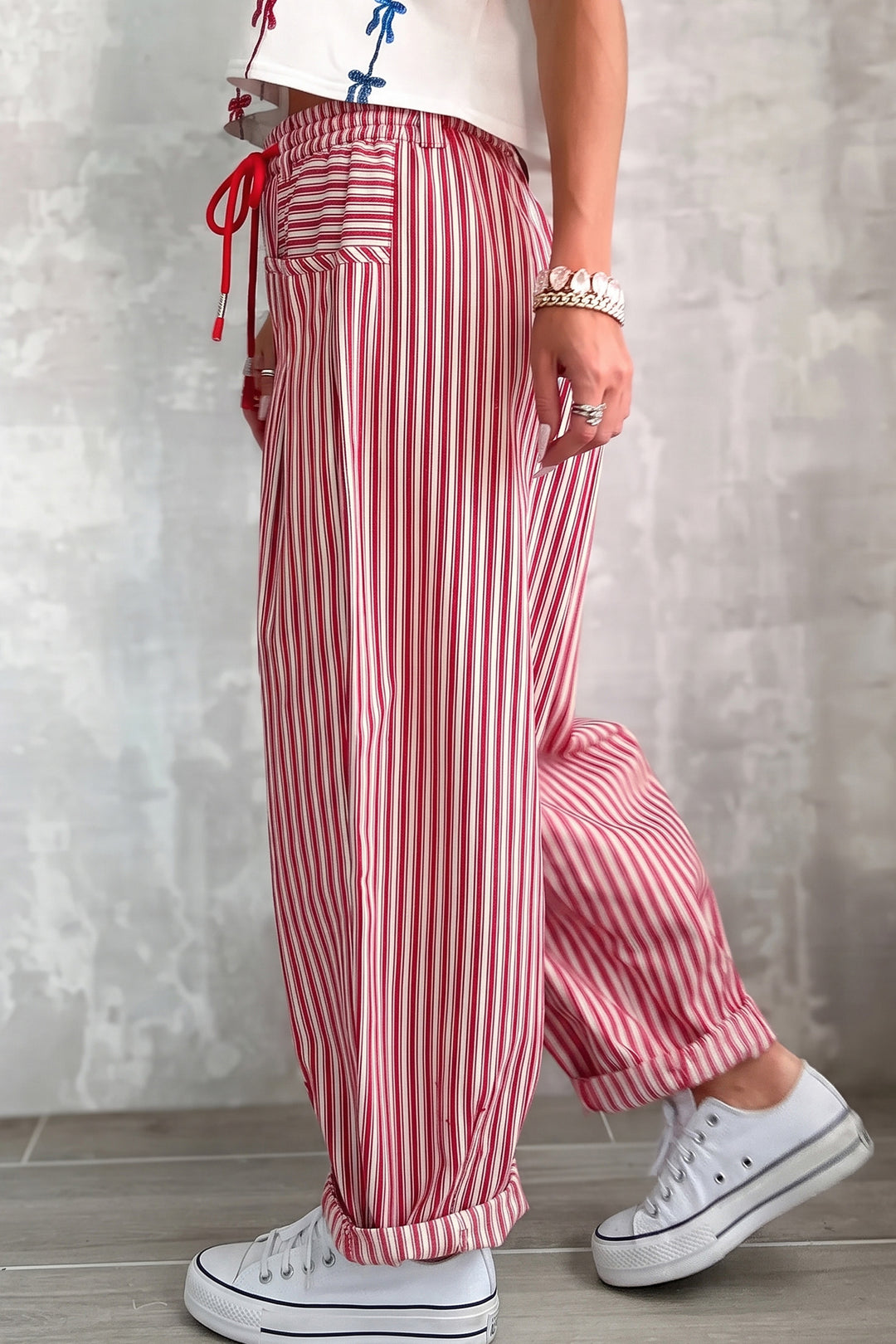 Black Stripe Drawstring Casual Loose Pants
