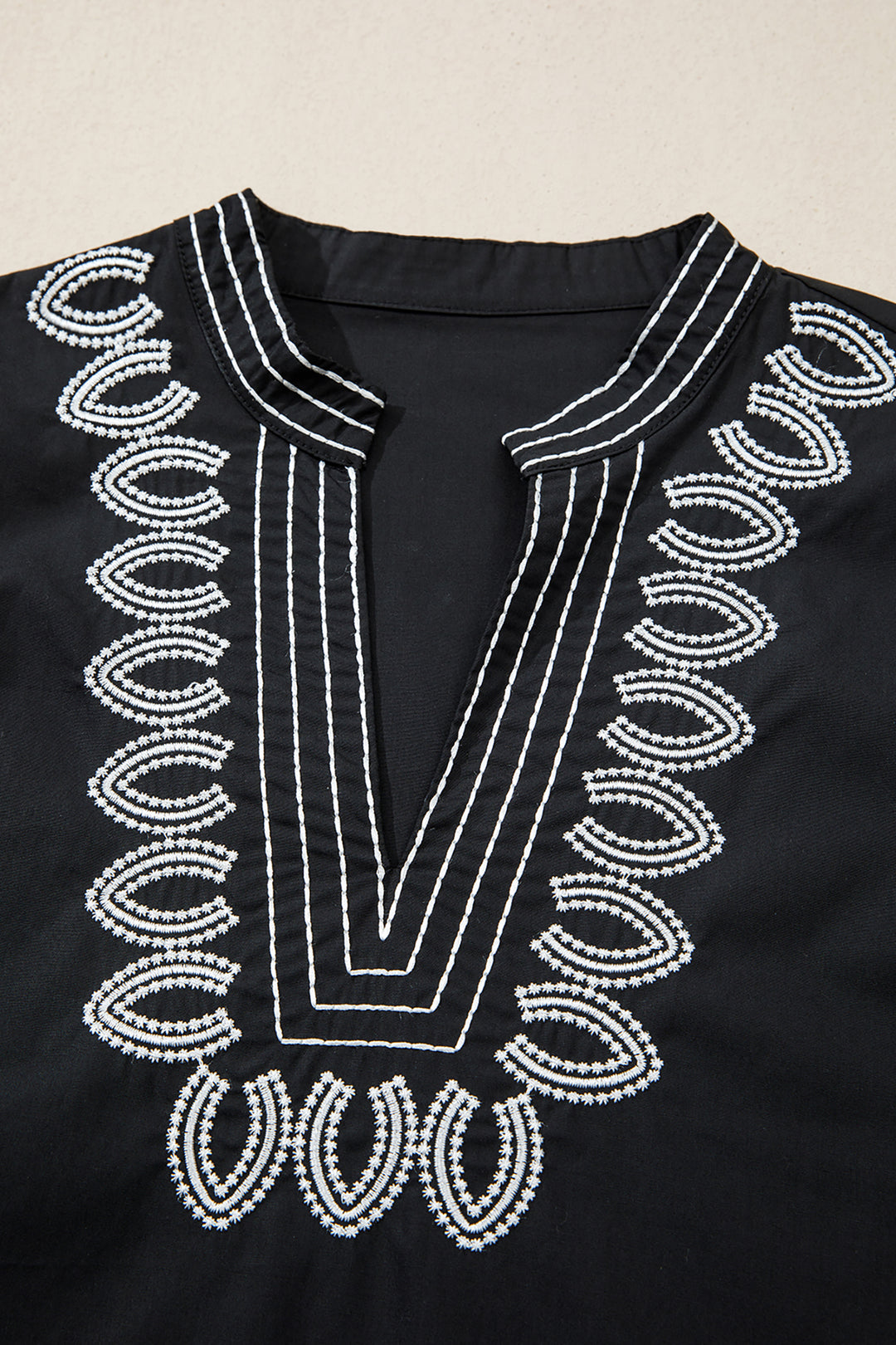 Black Short Puff Sleeve Contrast Embroidered Detail V Neck Blouse