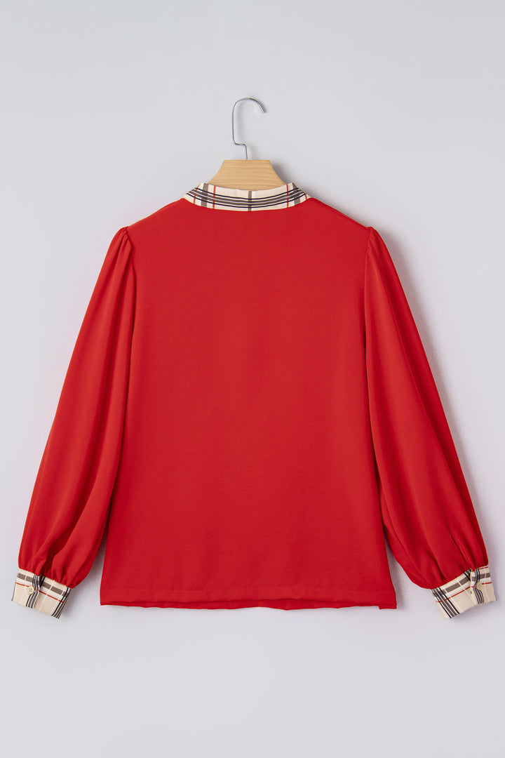 Racing Red Contrast Plaid Patchwork V Neck Long Sleeve Blouse
