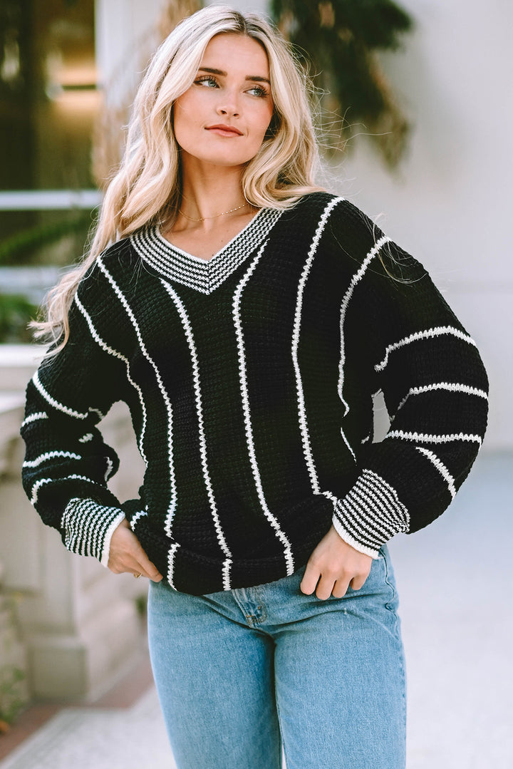 Black Colorblock Striped V Neck Knitted Loose Sweater