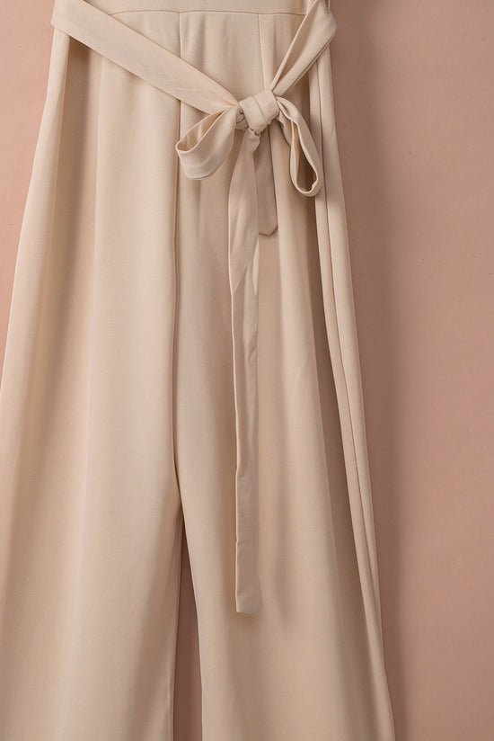 Apricot Braselet Sleeve Waist Tie Wide Leg Jumpsuit