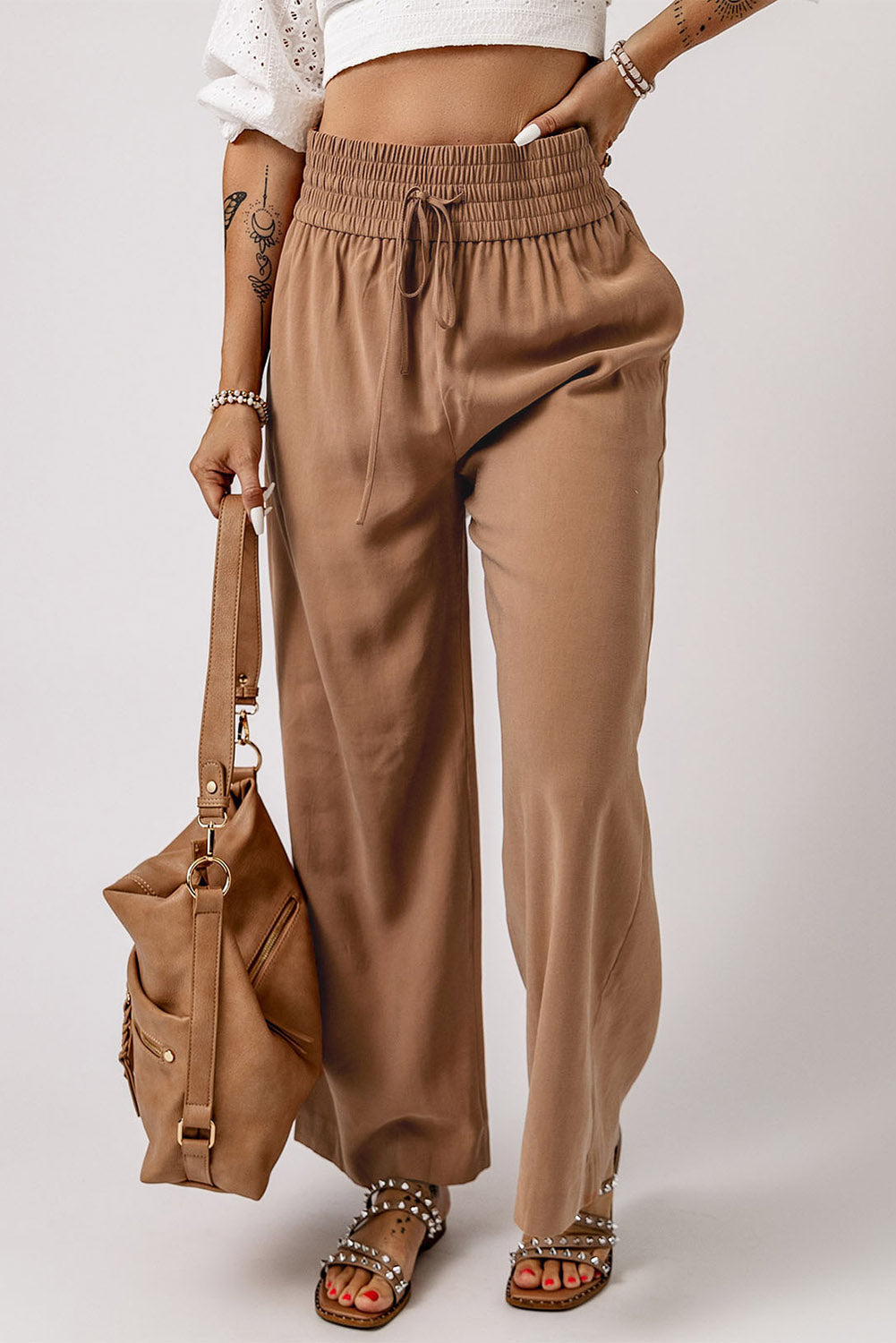 Brown Drawstring Elastic Waist Casual Wide Leg Pants | Women