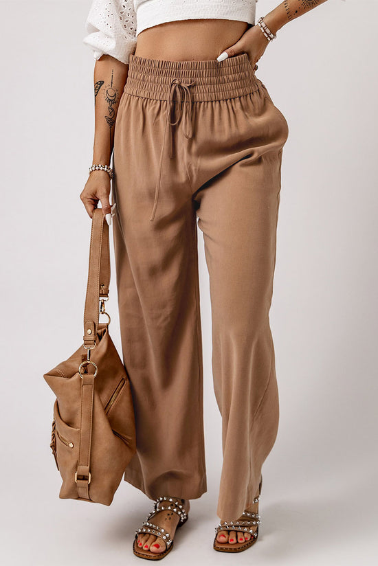 Brown Drawstring Elastic Waist Casual Wide Leg Pants | Women