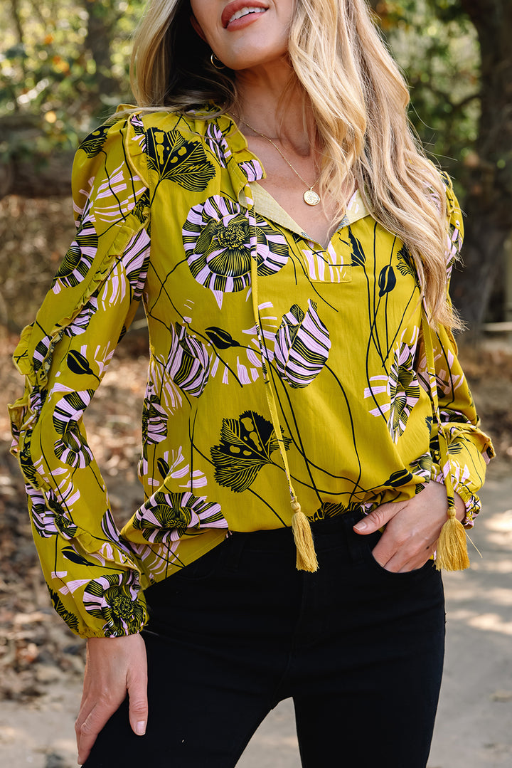 Yellow Vintage Floral V Neck Ruffle Trim Long Sleeve Blouse