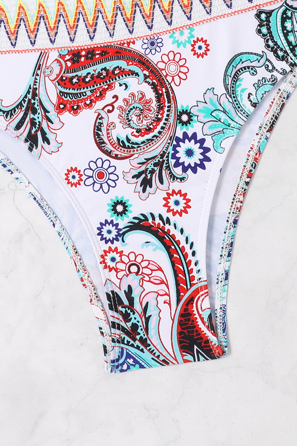 White Boho Paisley Contrast Trimmed One-shoulder Bikini