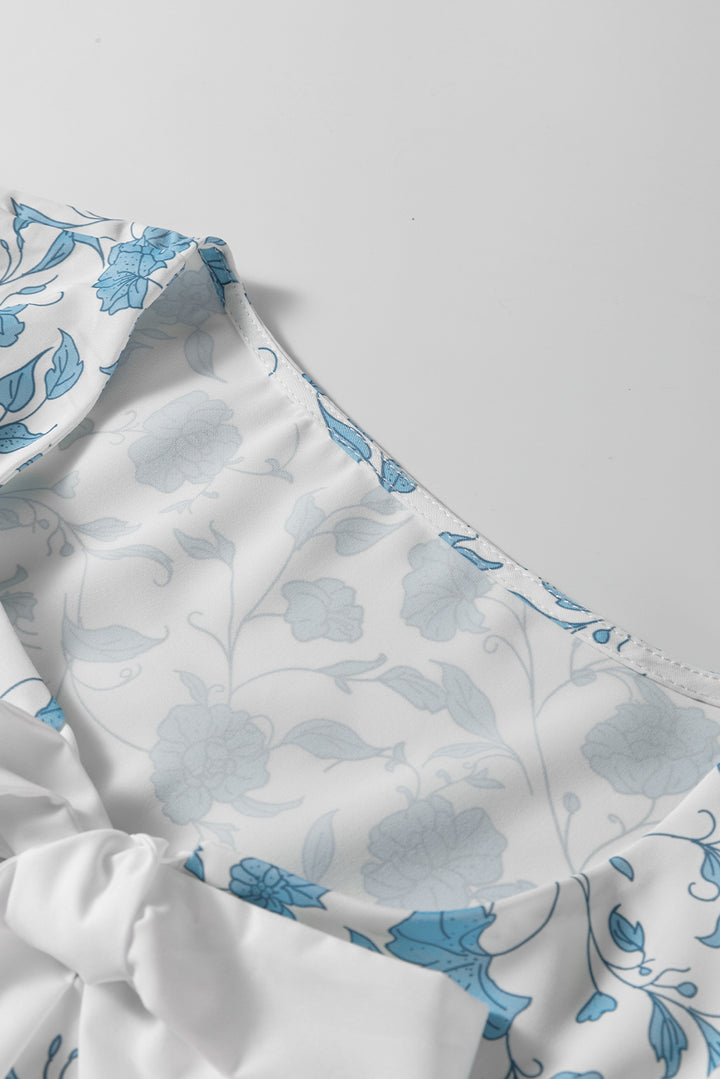 Sky Blue Floral Contrast Bow Puff Sleeve Mini Dress