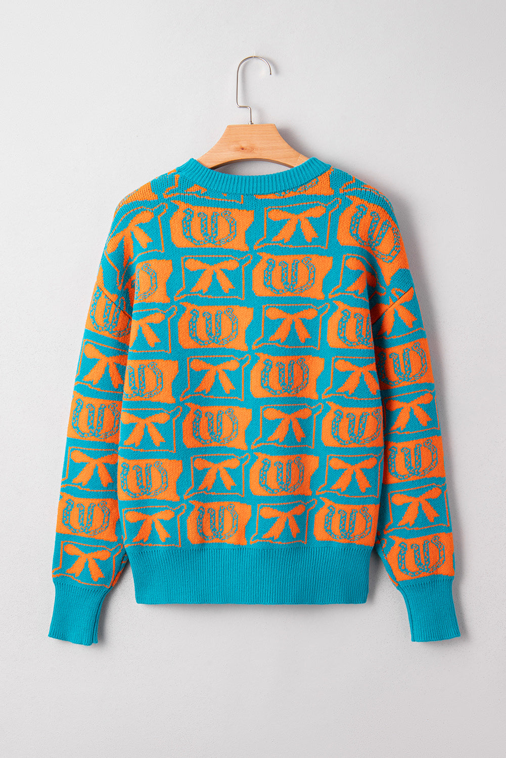 Light Blue Bows &amp; Horseshoes Pattern Western Fashion Print Sweater