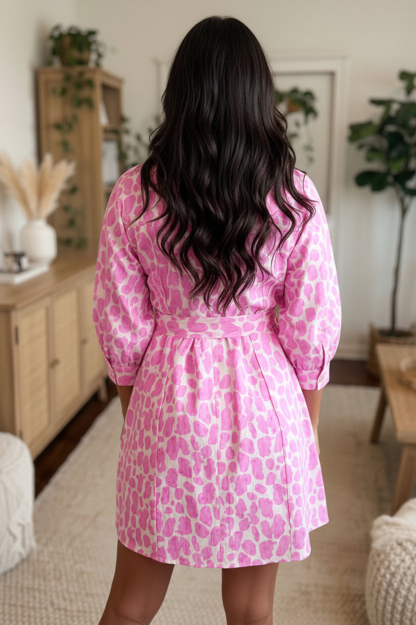 Pink Abstract Leopard Print Tie Waist Puff Sleeve Mini Shirt Dress