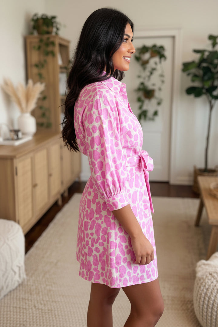 Pink Abstract Leopard Print Tie Waist Puff Sleeve Mini Shirt Dress