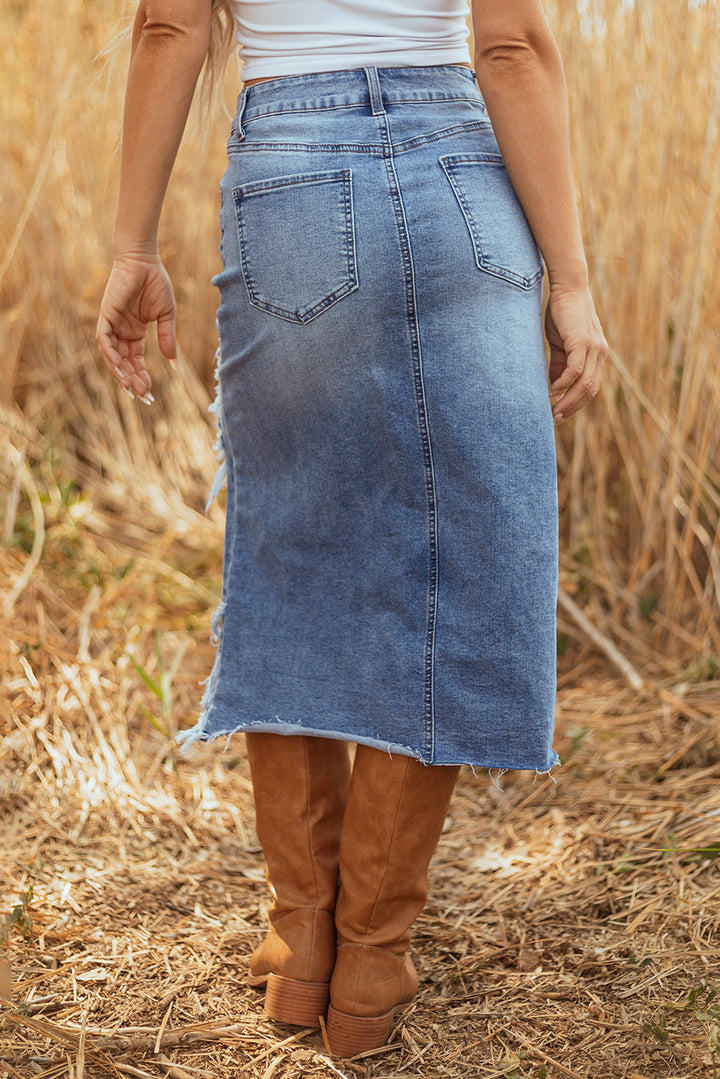 Myosotis Irregular Distressed Bottom Denim Midi Skirt