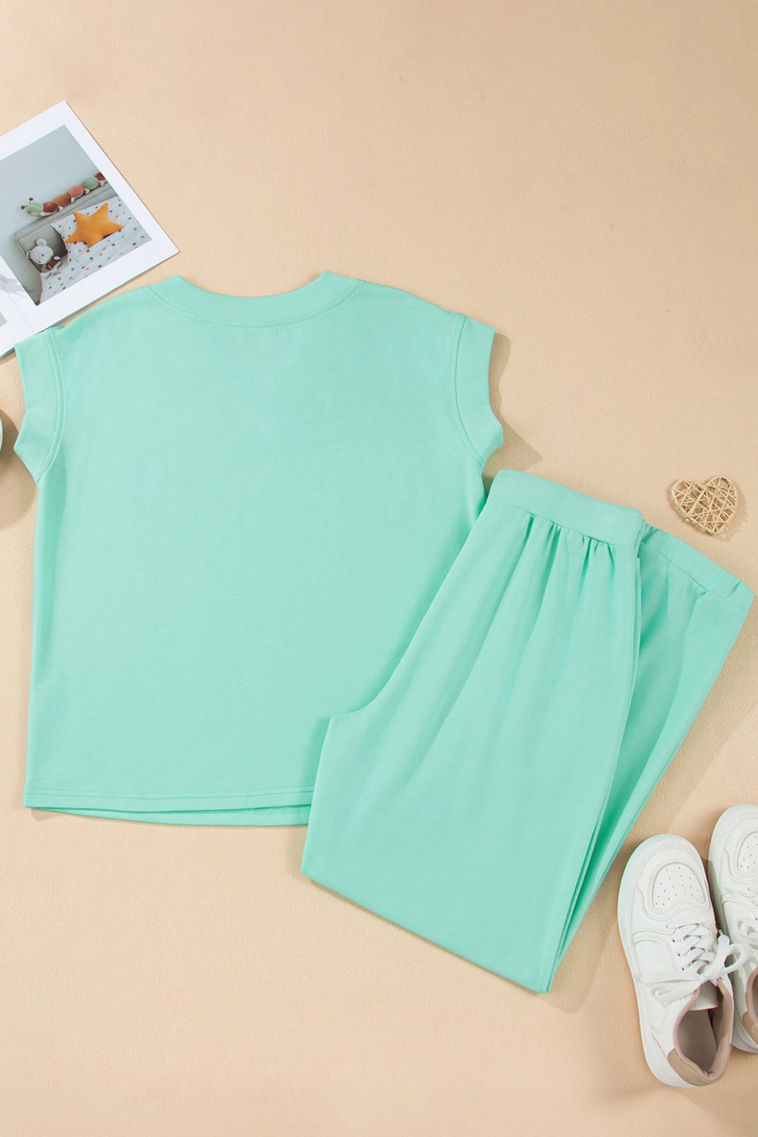 Mint Green Solid Color V Neck Tee Drawstring Pant Set