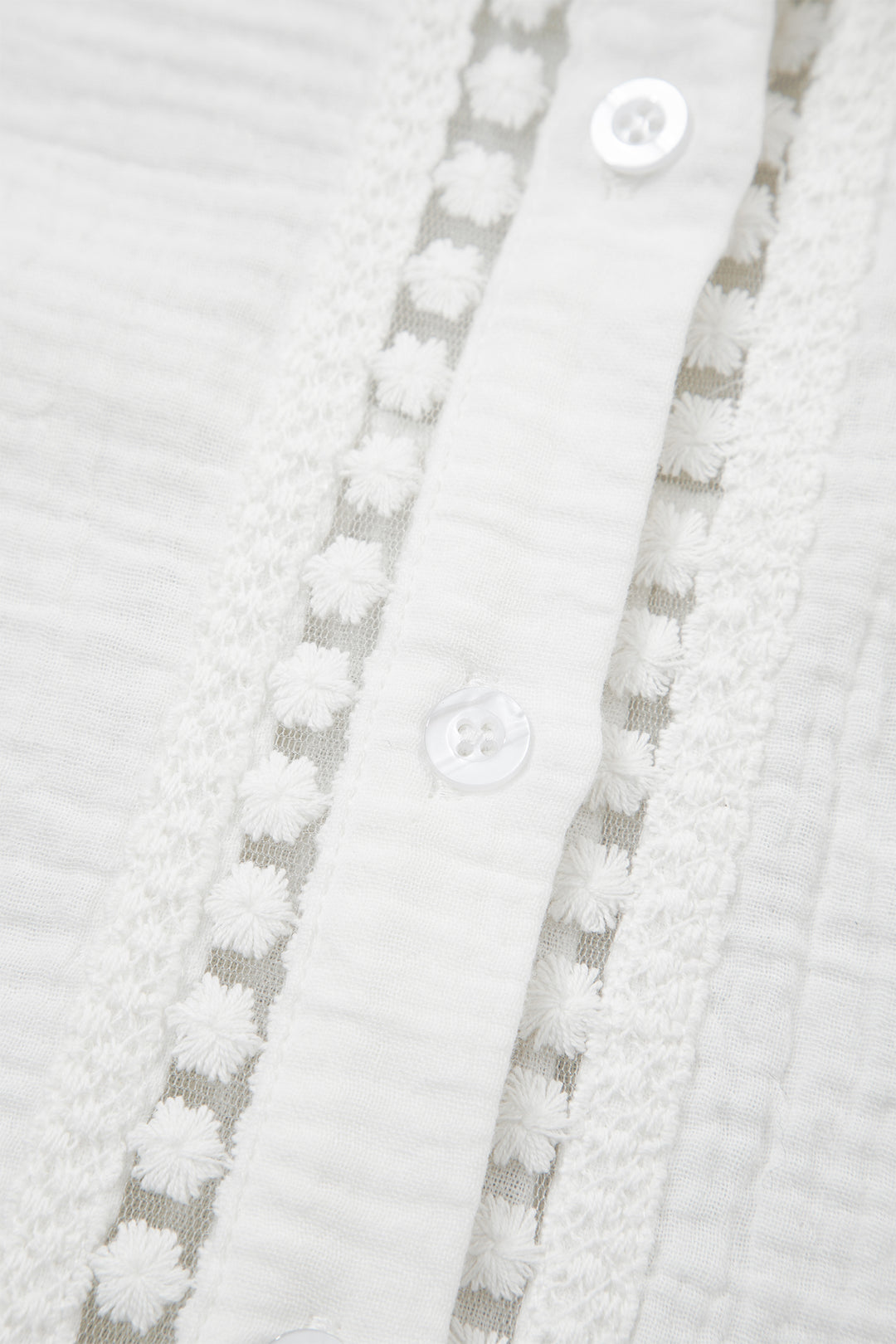 White Cotton Lace Trim Cuffed Short Sleeve Textured Shirt