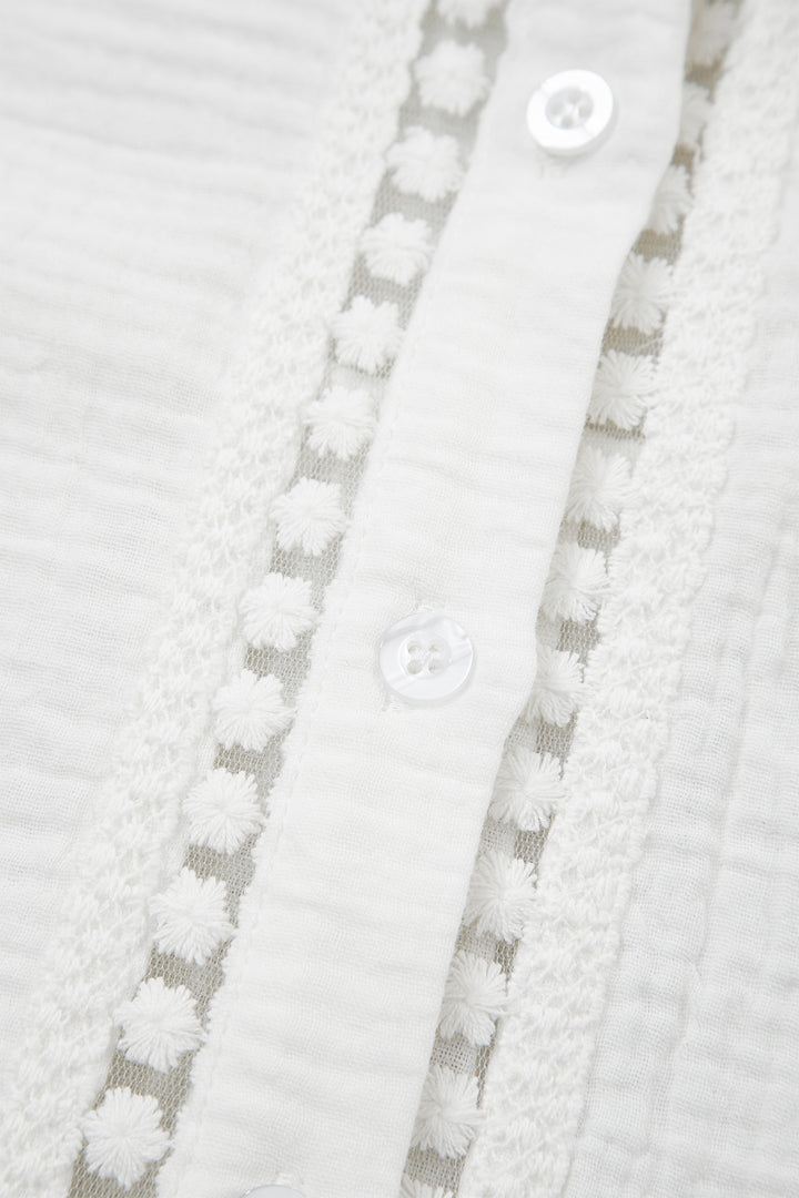 White Cotton Lace Trim Cuffed Short Sleeve Textured Shirt