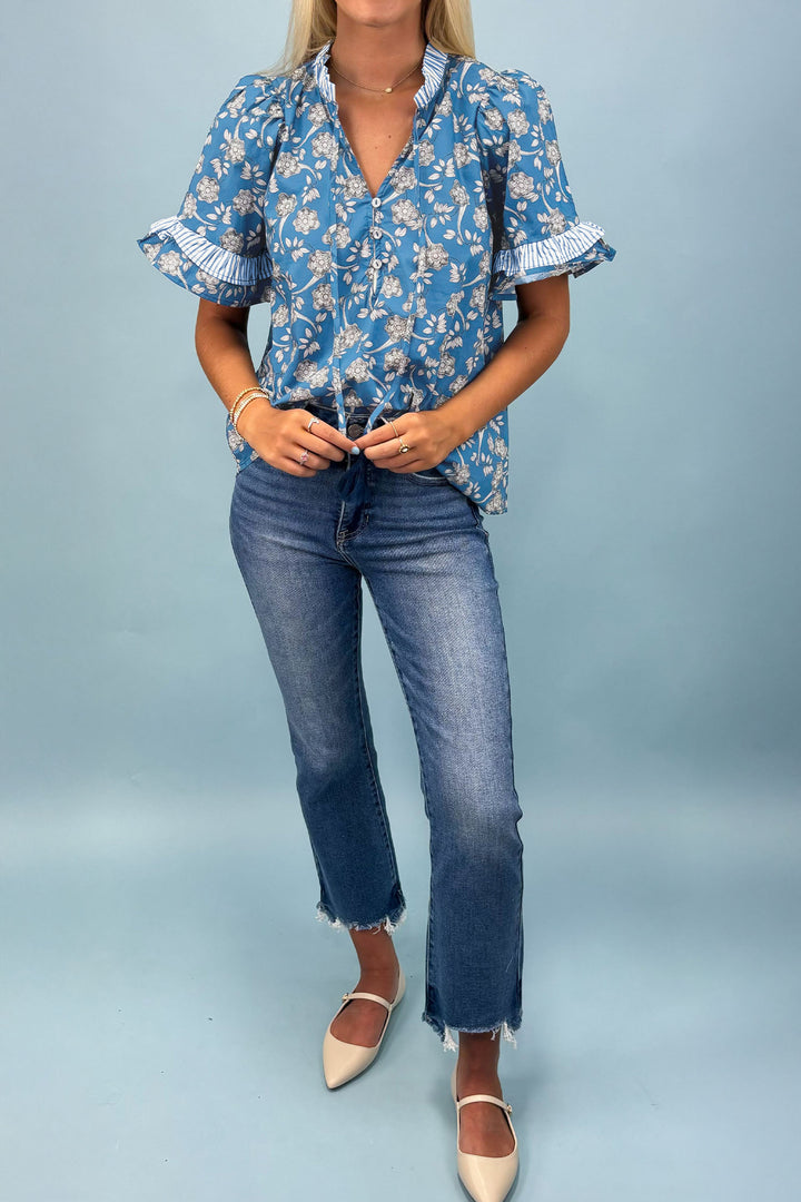 Blue Floral Print Button Tie Neck Striped Detail Short Sleeve Blouse