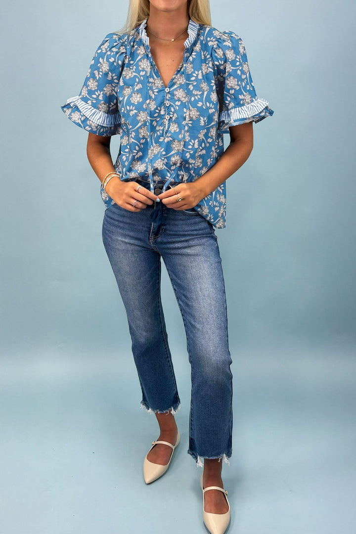 Blue Floral Print Button Tie Neck Striped Detail Short Sleeve Blouse