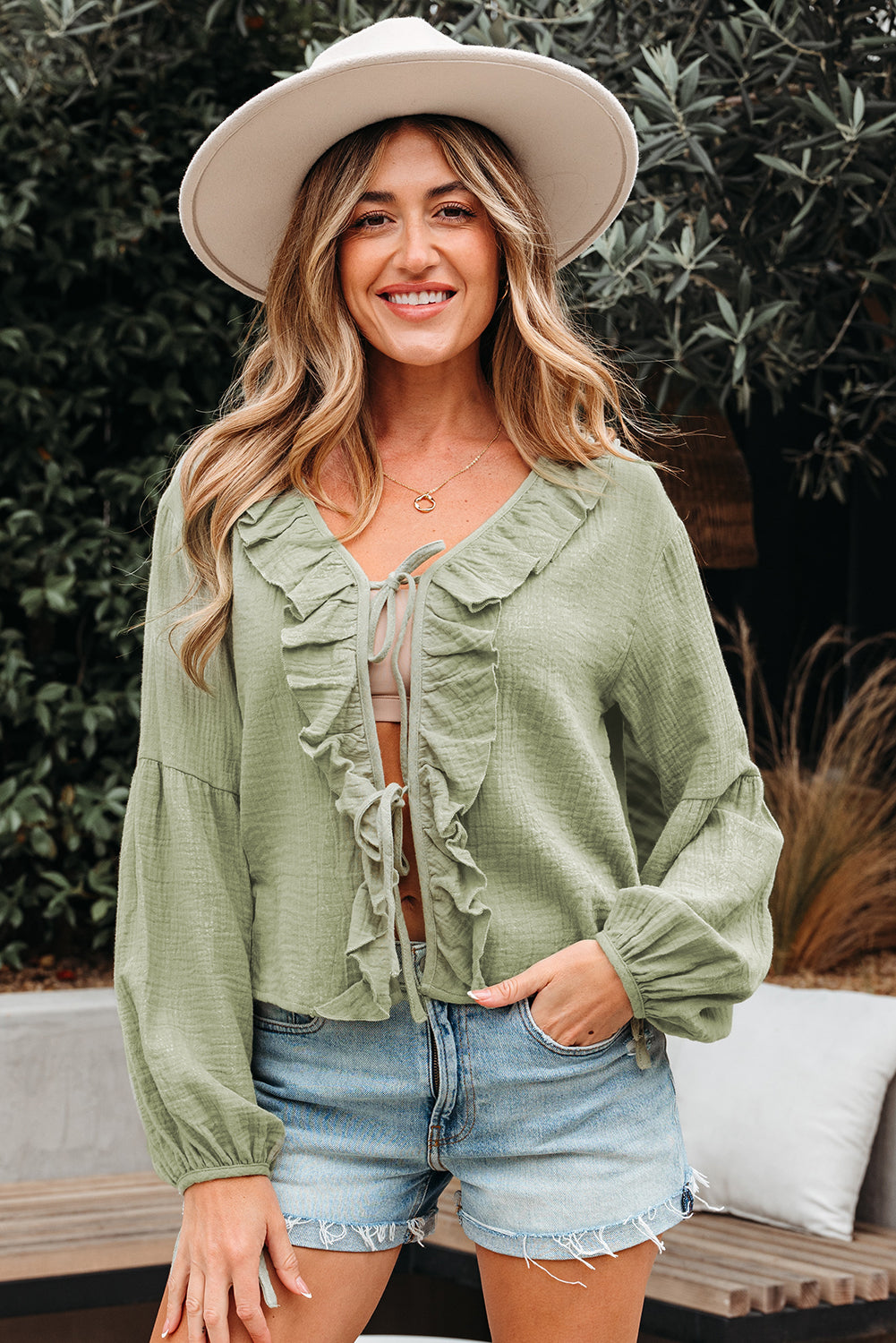 Meadow Mist Green Bow Tie Front Ruffle Trim V Neck Long Sleeve Gauze 100% Cotton Blouse