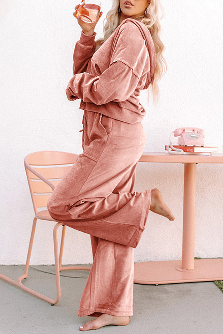 Peach Blossom Velvet Zip-up Hoodie and Wide Leg Pants Set