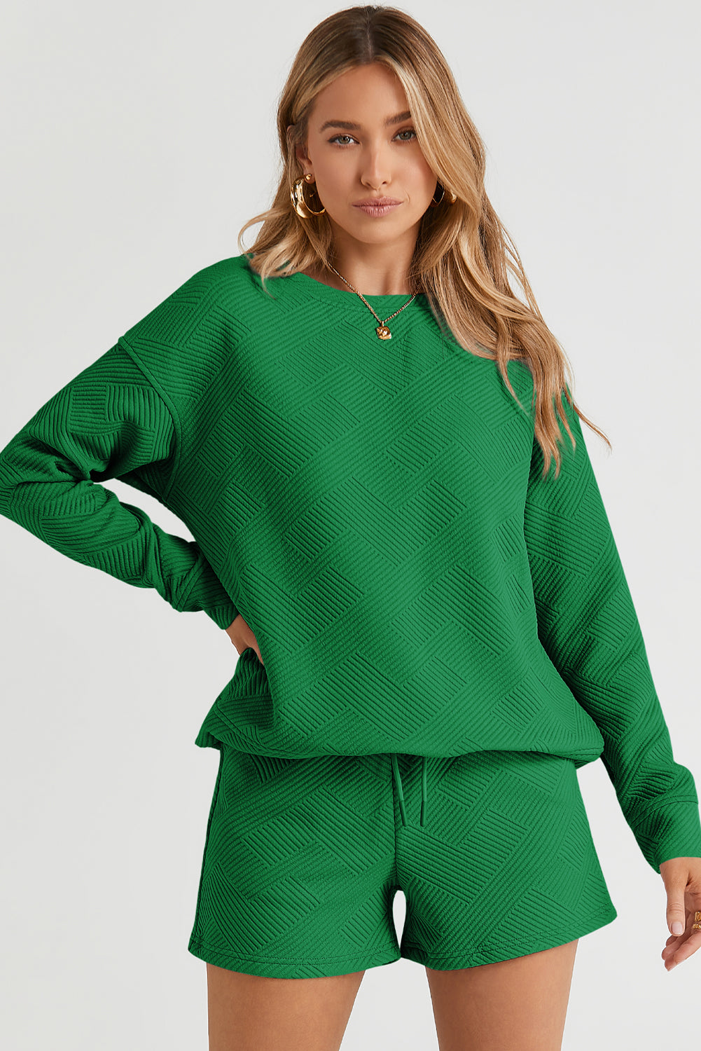 Green Textured Long Sleeve Top and Drawstring Shorts Set | Women