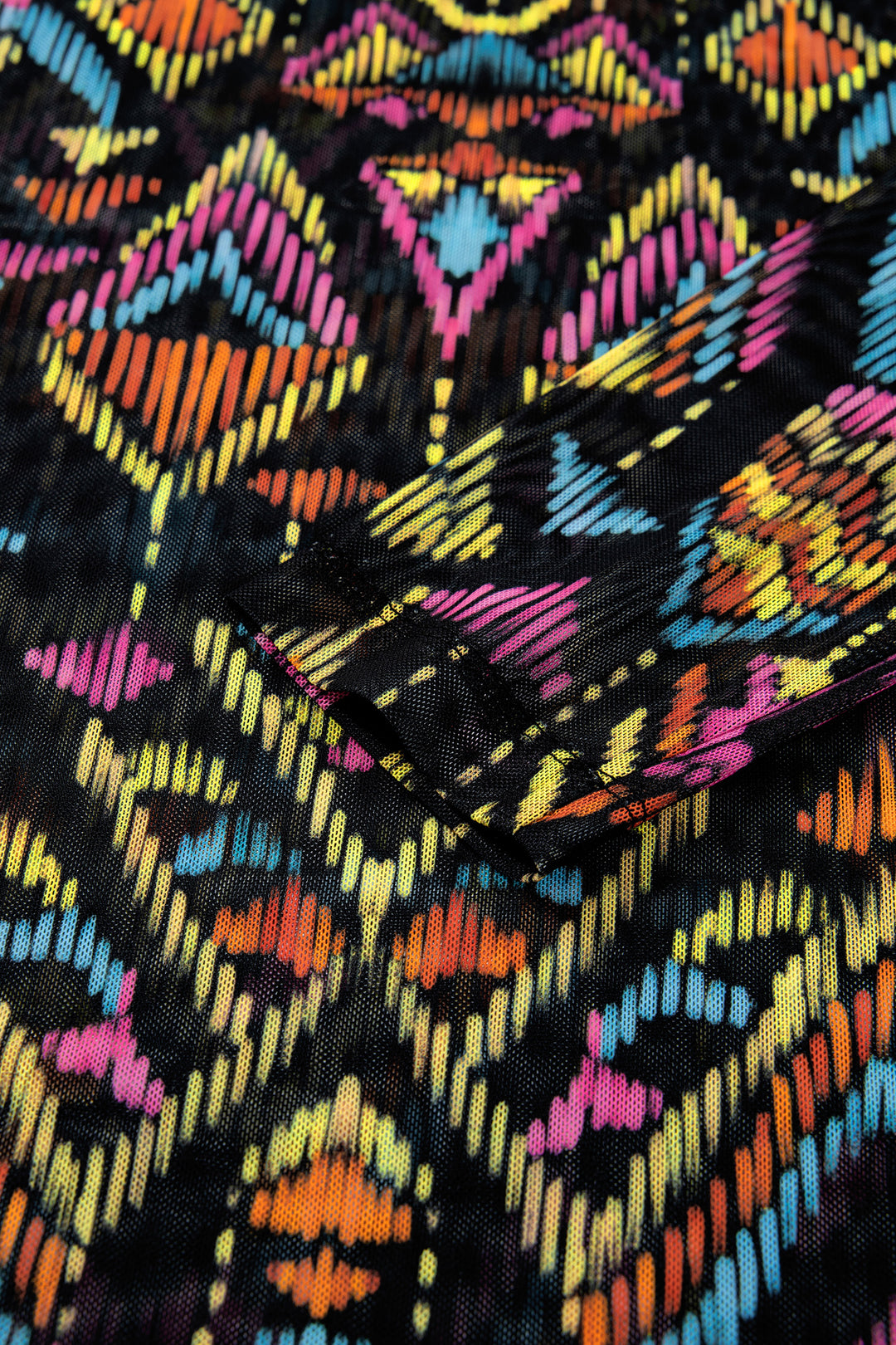 Color black Abstract Print Long Sleeve Stand Neck Mesh Top