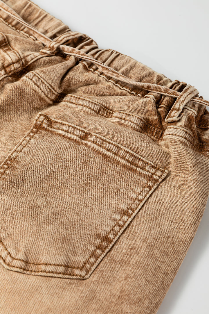 Smoke Gray Acid Wash Tie Waist Denim Pants