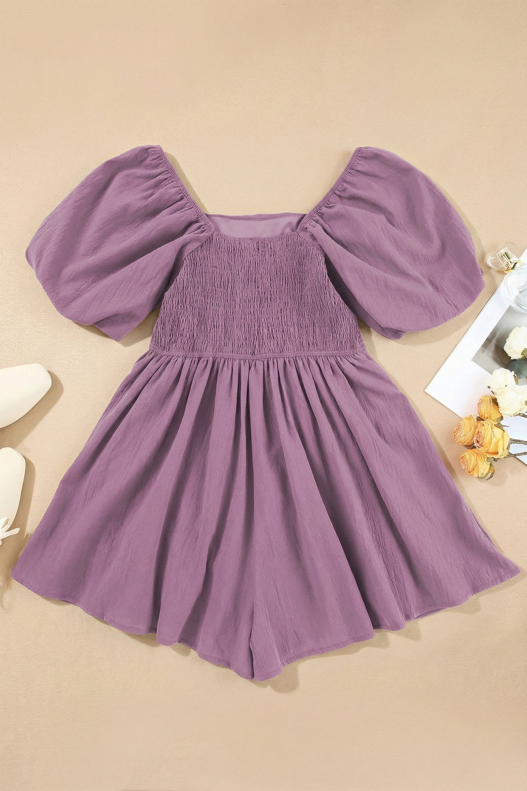 Valerian Cotton Square Neck Ruched Puff Sleeve Romper