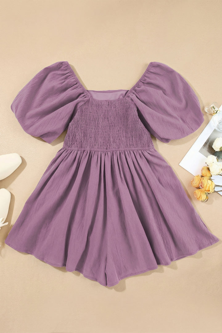 Valerian Cotton Square Neck Ruched Puff Sleeve Romper
